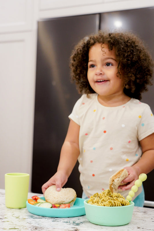 Melii 3 Piece Meal Set-Food Grade Silicone-Microwave & Dishwasher Safe-Purple, Grey & Pink-For Feeding Infants