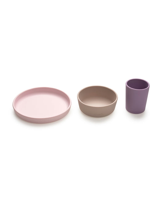 Melii 3 Piece Meal Set-Food Grade Silicone-Microwave & Dishwasher Safe-Purple, Grey & Pink-For Feeding Infants