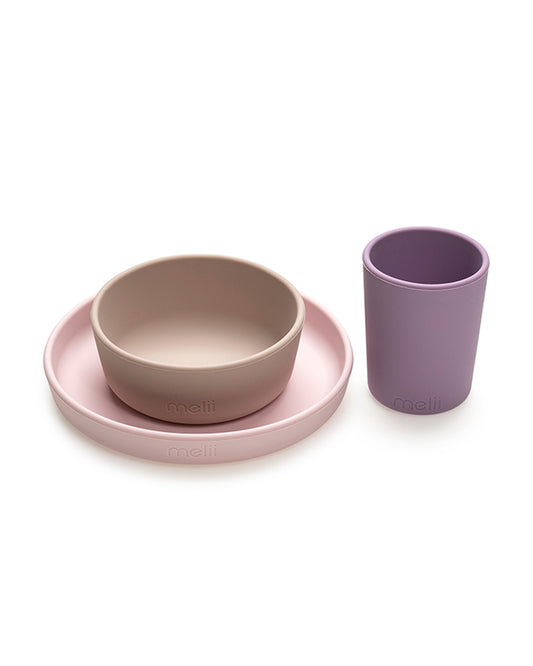 Melii 3 Piece Meal Set-Food Grade Silicone-Microwave & Dishwasher Safe-Purple, Grey & Pink-For Feeding Infants