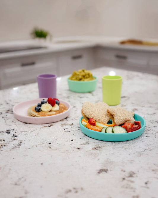 Melii 3 Piece Meal Set-Food Grade Silicone-Microwave & Dishwasher Safe-Purple, Grey & Pink-For Feeding Infants