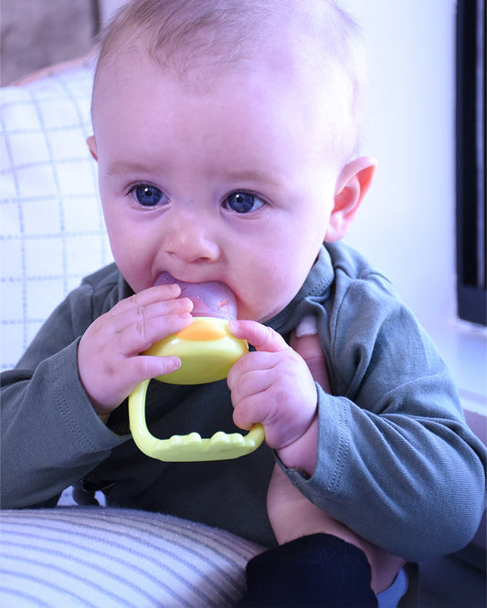 Melii Silicone Fresh Food Feeder & Teether-Duck-Long Handles-Microwave Safe-For Infants