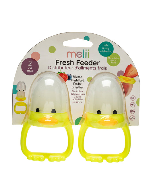 Melii Silicone Fresh Food Feeder & Teether-Duck-Long Handles-Microwave Safe-Pack of 2-For Infants