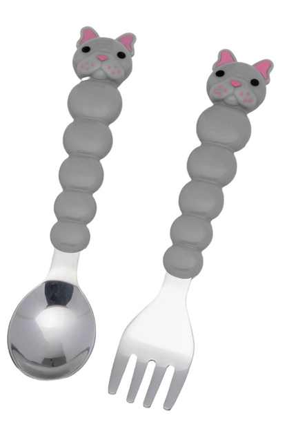 Melii Spoon & Fork Set With Storage Case-Stainless Steel-Dishwasher Safe-Bulldog-For Infants