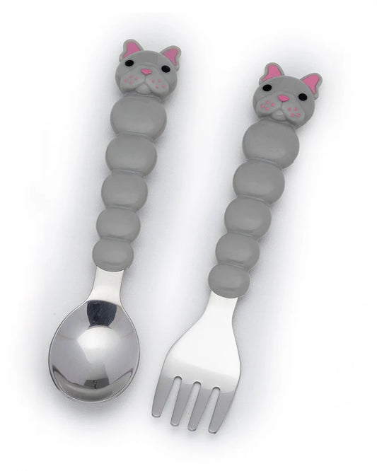 Melii Spoon & Fork Set With Storage Case-Stainless Steel-Dishwasher Safe-Bulldog-For Infants