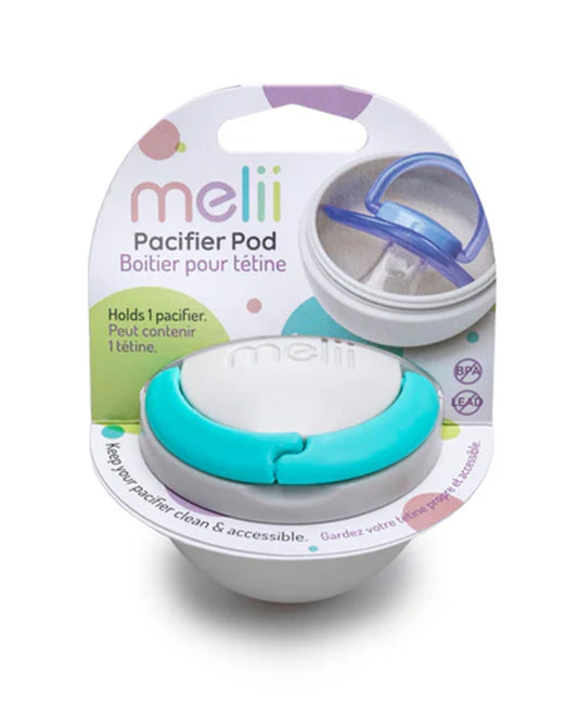 Melii Pacifier Holder Pod-Hooks onto Bags, Strollers and Purses-Dishwasher Safe-Holds 1 Pacifier-Grey & Blue