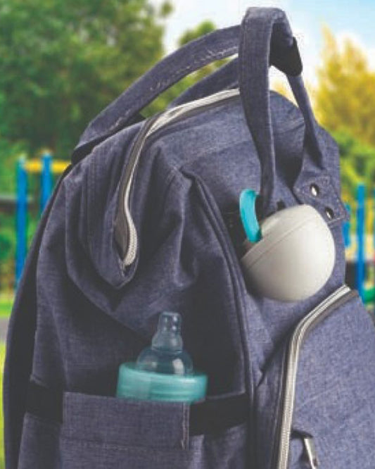 Melii Pacifier Holder Pod-Hooks onto Bags, Strollers and Purses-Dishwasher Safe-Holds 1 Pacifier-Grey & Blue