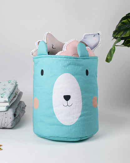 Tiny Snooze Bear Storage Basket-Handmade Premium Cotton Fabric-Turquoise