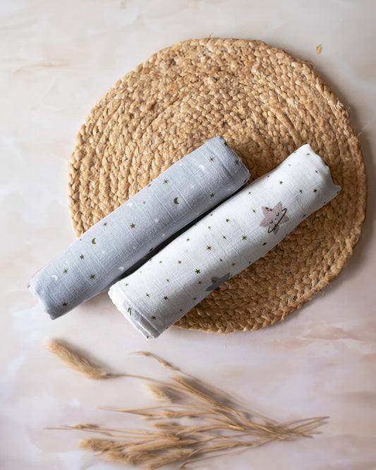 Tiny Snooze Starry Nights Swaddle-GOTS Certified Organic Cotton Muslin-Pack of 2-Infant Wraps