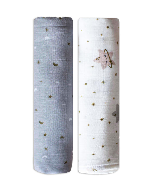 Tiny Snooze Starry Nights Swaddle-GOTS Certified Organic Cotton Muslin-Pack of 2-Infant Wraps