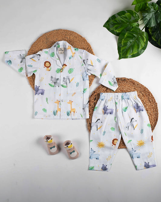 Tiny Snooze White Nightsuit-Safari Animals-Organic Cotton-For Infants