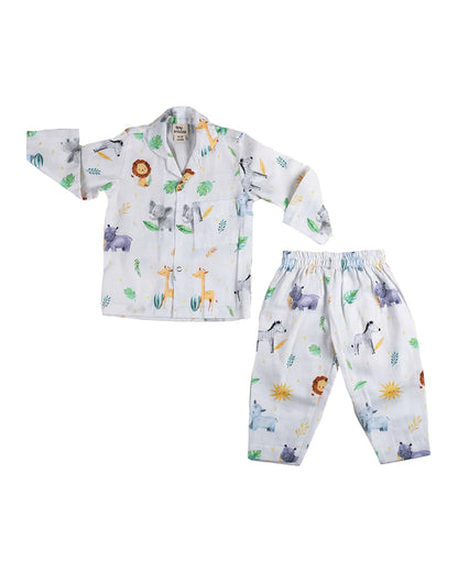 Tiny Snooze White Nightsuit-Safari Animals-Organic Cotton-For Infants