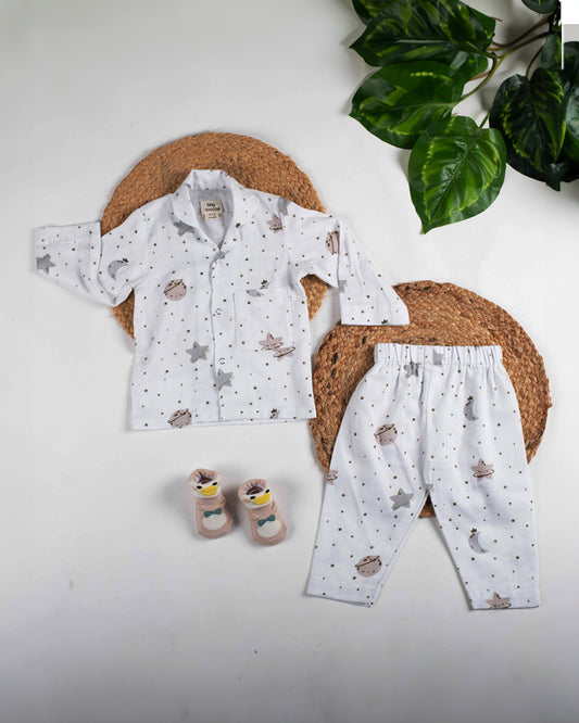 Tiny Snooze White Nightsuit-Stars & Moon-Organic Cotton-For Infants