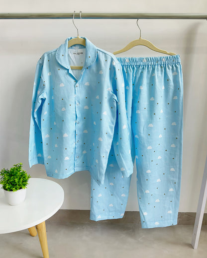 Tiny Snooze Light Blue Nightsuit-Blue Clouds-Organic Cotton-For Infants