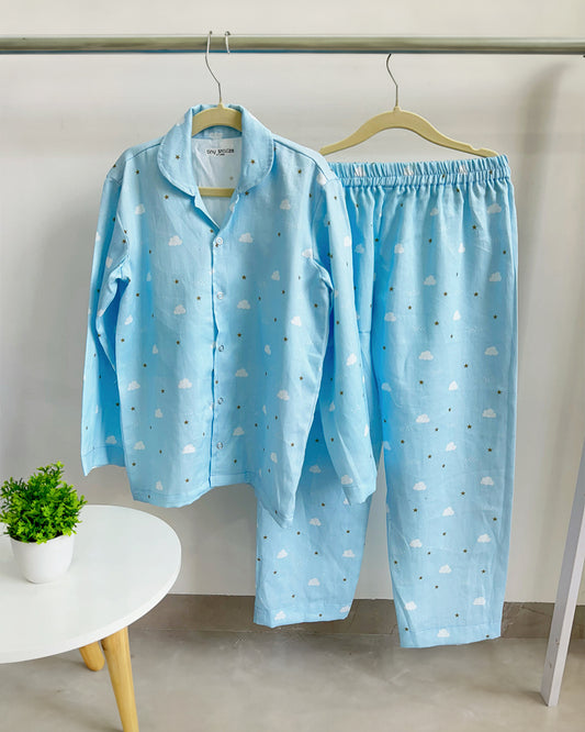 Tiny Snooze Light Blue Nightsuit-Blue Clouds-Organic Cotton-For Infants