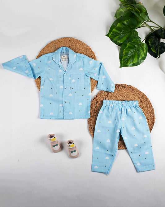 Tiny Snooze Light Blue Nightsuit-Blue Clouds-Organic Cotton-For Infants