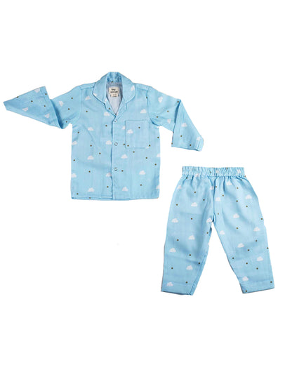 Tiny Snooze Light Blue Nightsuit-Blue Clouds-Organic Cotton-For Infants