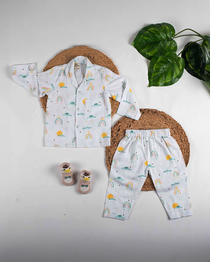 Tiny Snooze White Nightsuit-Colorful Rainbows-Organic Cotton-For Infants