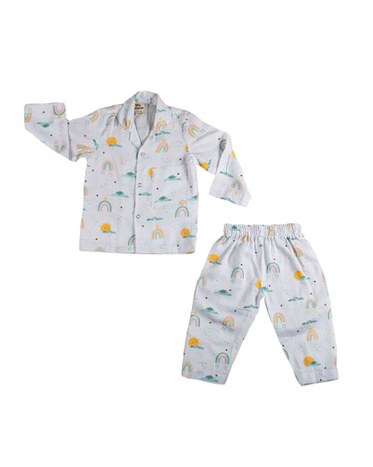 Tiny Snooze White Nightsuit-Colorful Rainbows-Organic Cotton-For Infants