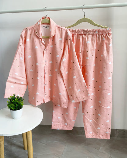 Tiny Snooze Peach Nightsuit-Pink Clouds-Organic Cotton-For Infants