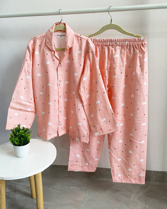 Tiny Snooze Peach Nightsuit-Pink Clouds-Organic Cotton-For Infants