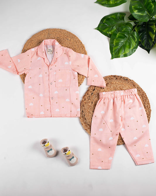 Tiny Snooze Peach Nightsuit-Pink Clouds-Organic Cotton-For Infants