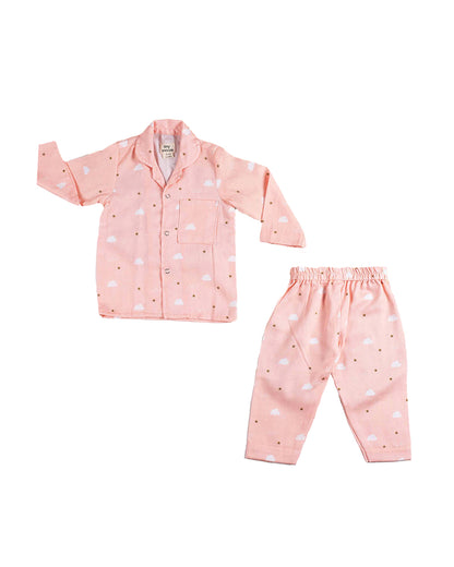 Tiny Snooze Peach Nightsuit-Pink Clouds-Organic Cotton-For Infants