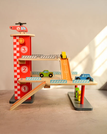 Playbox Drive In Car Parking Garage-3 Different Levels-Includes 2 Ramp, 1 Helicopter & 3 Cars-Promotes Motor Skills & Creativity-Pretend & Play Toy-12M+