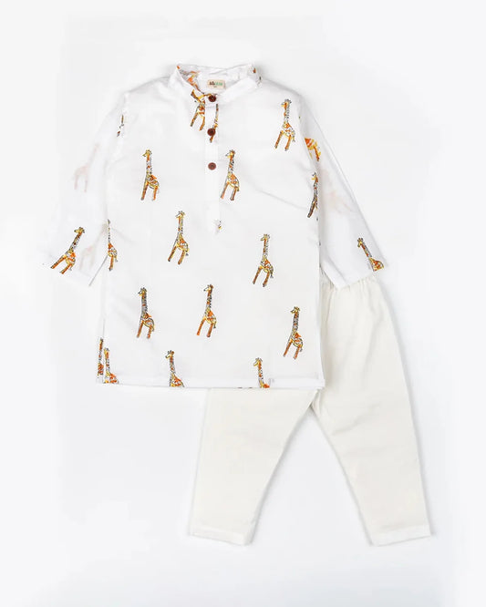 BeeLittle White Kurta Pajama Set-Talk & Teak-Cotton-For Infants