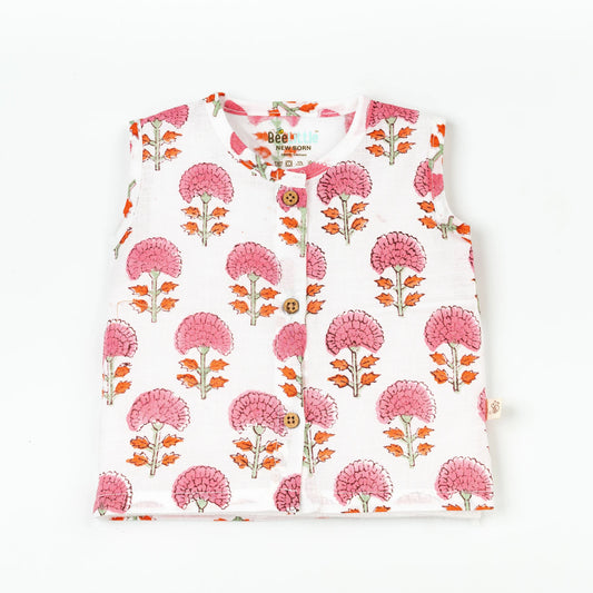 BeeLittle White & Pink Jhabla-Pink Garden-Organic Cotton-For Infants