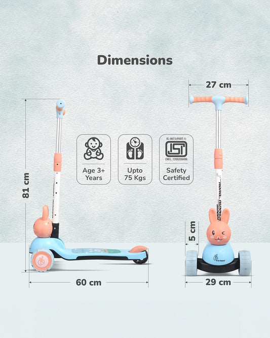 R for Rabbit Road Runner Bunny Baby Scooter-3 Level Height Adjustment-BIS Safety Certified-3Y+ (Upto 75 Kg)-Blue Peach