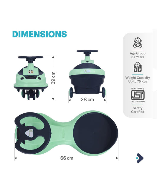 R for Rabbit Iya Iya Zippy Twister & Swing car-Wide Seating Area-With PU Wheels-3Y+ (Upto 75Kg)-Sea Green