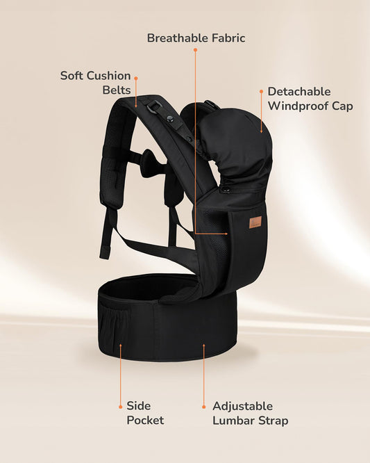 R for Rabbit Comfy Hug Ergo 2 in 1 Baby Carrier-2 Carry Positions-Soft Cushion Belts-4 to 24M (Upto 15 Kg)-Black