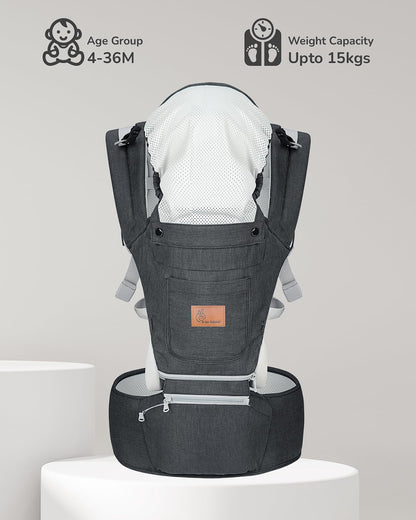 R for Rabbit Upsy Daisy Ergo 8 in 1 Hip Seat Baby Carrier-8 Carry Positions-Soft Cushion Belts-4 to 36M (Upto 15 Kg)-Dark Grey