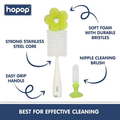 Hopop Bottle & Nipple Sponge Cleaning Brush-Flexible Bristles-Easy to Grip Handle-Green