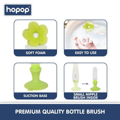 Hopop Bottle & Nipple Sponge Cleaning Brush-Flexible Bristles-Easy to Grip Handle-Green