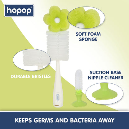 Hopop Bottle & Nipple Sponge Cleaning Brush-Flexible Bristles-Easy to Grip Handle-Green