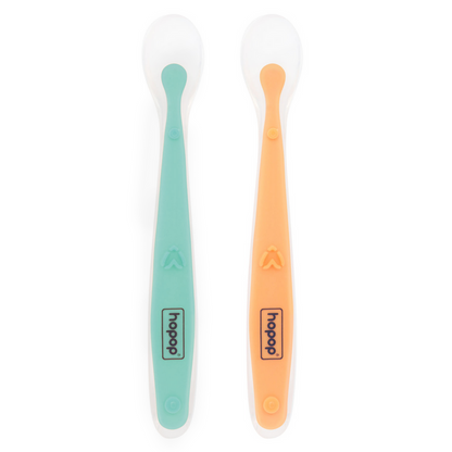 Hopop Soft Tip Silicone Feeding Spoons-Dishwasher Safe-Long Handle-Pack of 2-Green & Orange-For Infants