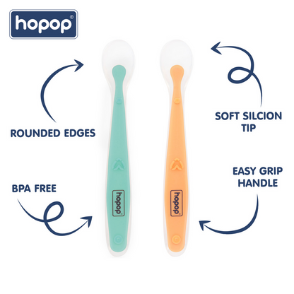 Hopop Soft Tip Silicone Feeding Spoons-Dishwasher Safe-Long Handle-Pack of 2-Green & Orange-For Infants