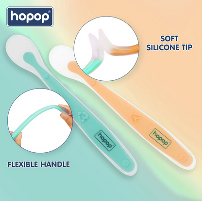 Hopop Soft Tip Silicone Feeding Spoons-Dishwasher Safe-Long Handle-Pack of 2-Green & Orange-For Infants