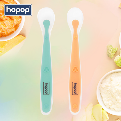 Hopop Soft Tip Silicone Feeding Spoons-Dishwasher Safe-Long Handle-Pack of 2-Green & Orange-For Infants