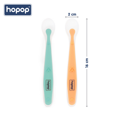 Hopop Soft Tip Silicone Feeding Spoons-Dishwasher Safe-Long Handle-Pack of 2-Green & Orange-For Infants