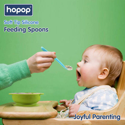 Hopop Soft Tip Silicone Feeding Spoons-Dishwasher Safe-Long Handle-Pack of 2-Green & Orange-For Infants