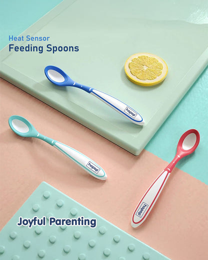 Hopop Heat Sensor Color Changing Feeding Spoons-Long Handle-Rounded Edges-Red & Green-For Infants