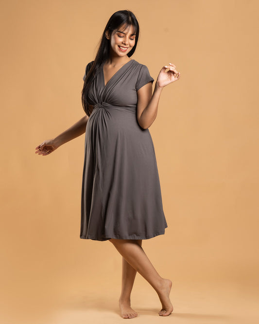 Block Hop Charcoal Grey Maternity Knot Dress-Solid Color-Organic Bamboo Cotton-V Neck-Half Sleeves-Bump Friendly