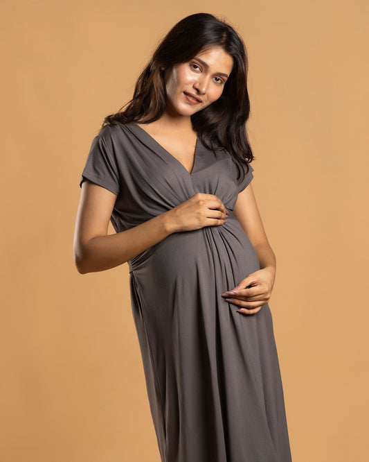 Block Hop Charcoal Grey Maternity Knot Dress-Solid Color-Organic Bamboo Cotton-V Neck-Half Sleeves-Bump Friendly