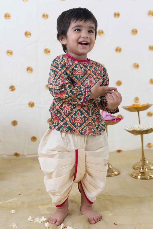 Tiber Taber Multicolor Kurta Dhoti-Gujarati Patola Print-Cotton-For Infants