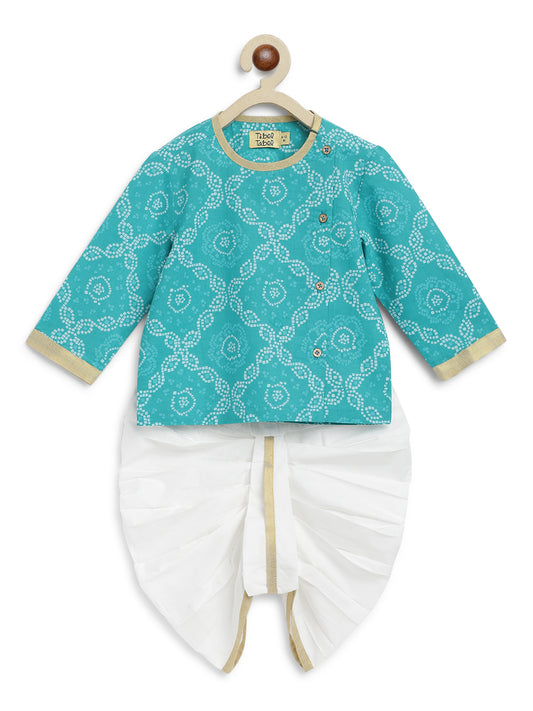 Tiber Taber Blue & White Kurta Dhoti-Rajasthani Bandhani Print-Cotton-For Infants