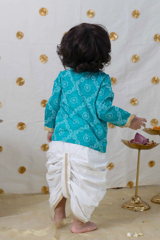 Tiber Taber Blue & White Kurta Dhoti-Rajasthani Bandhani Print-Cotton-For Infants