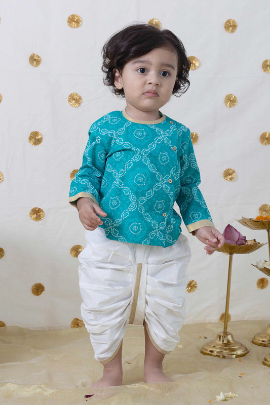 Tiber Taber Blue & White Kurta Dhoti-Rajasthani Bandhani Print-Cotton-For Infants