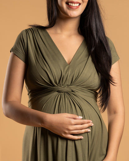 Block Hop Olive Maternity Knot Dress-Solid Color-Organic Bamboo Cotton-V Neck-Half Sleeves-Bump Friendly